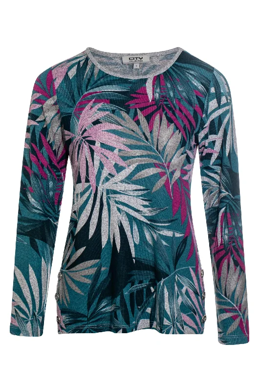 Round neck printed Warm Touch Top | Cerise Lagoon Palm | 7903ZZ