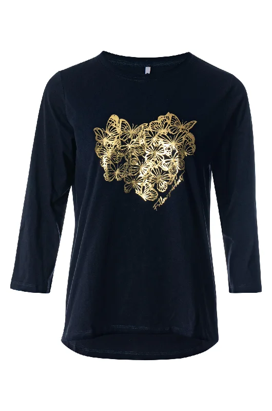 Navy & Foil print 100% Cotton Top | Gold Foil Heart Buttrfly | 3401ZZ