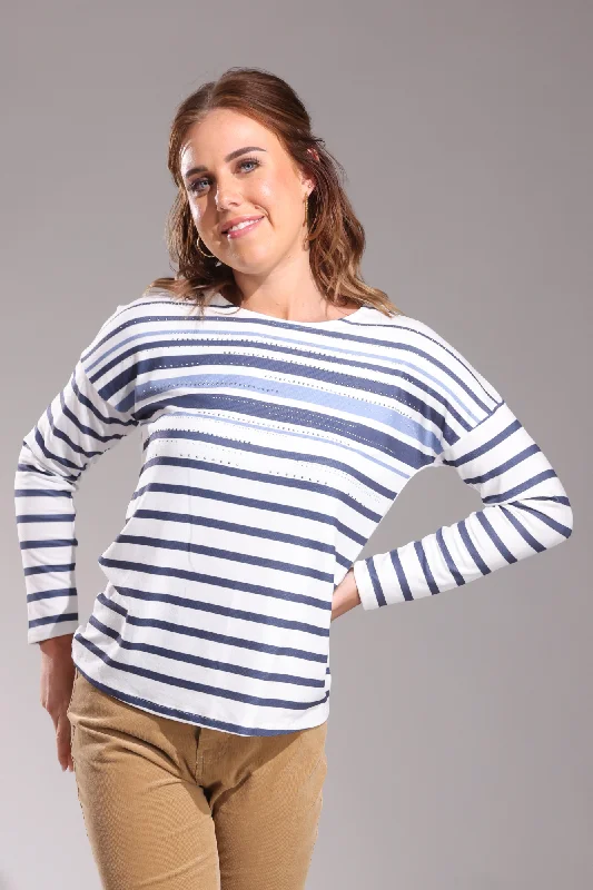 Stripe & hotfix Warm Touch Top | Ivory Indigo Stripe | 4398ZZ