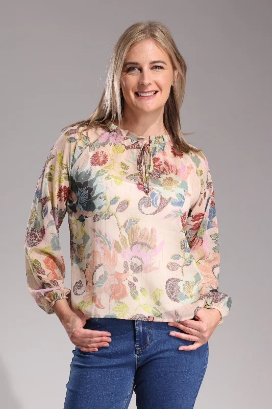 Unlined Printed Chiffon Top | Ivry Sage Blossm Lurex | 8551ZZ