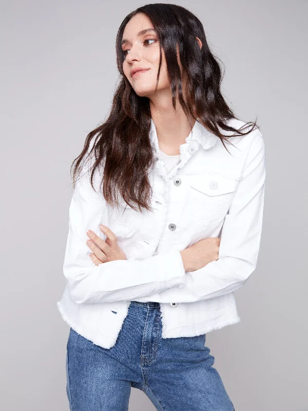 Twill Jean Jacket with Frayed Edges - White