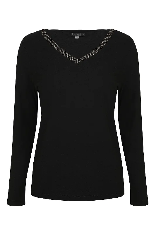 V  Neck Top with Lurex stitching | BLACK | 6574ZR