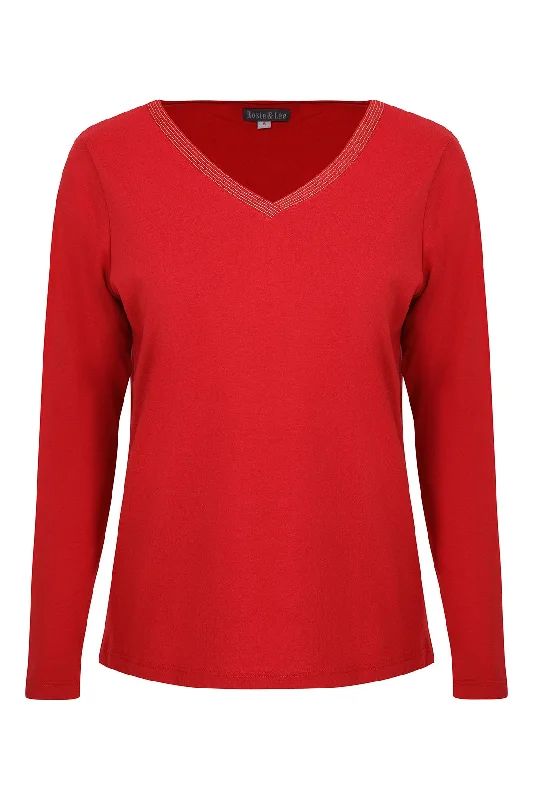 V  Neck Top with Lurex stitching | RED | 6574ZR