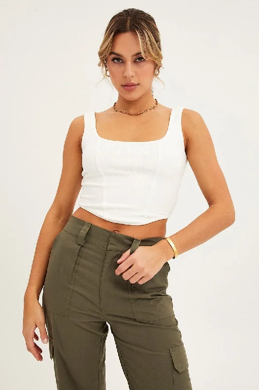 White Corset Crop Rib Curve Hem Tank