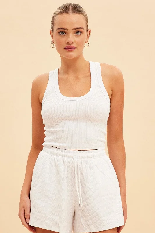 White Prea Scoop Neck Crop Rib Sleeveless Tank