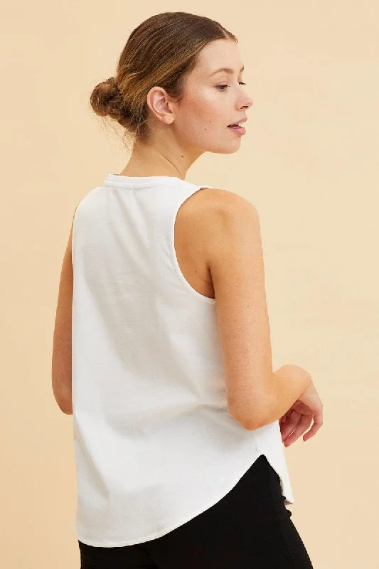 White Sleeveless Tank Cotton Crew Neck Curved Hem