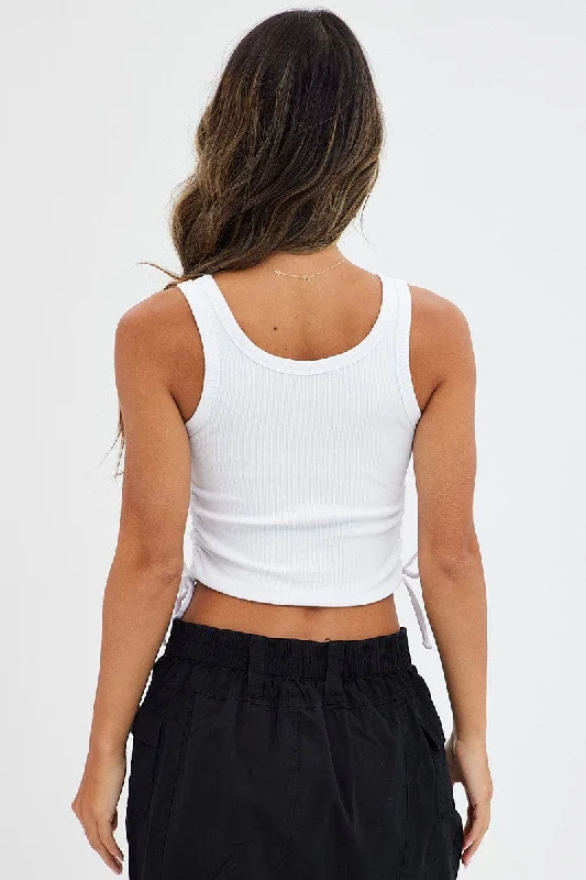 White Tank Crop Top Round Neck Embroidery