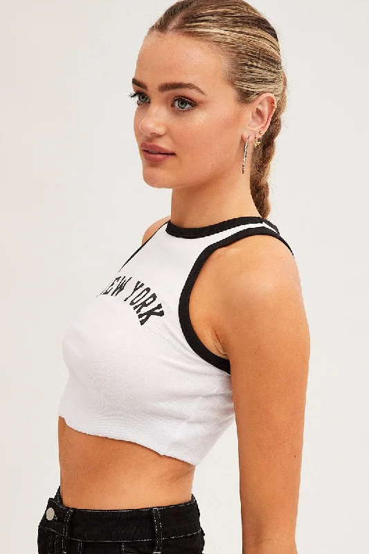 White Tank Top Round Neck Contrast Bind New York Rib