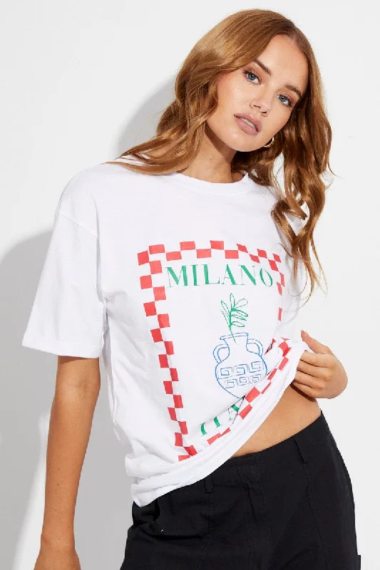 White Tee Round Neck Short Sleeve Milano Print