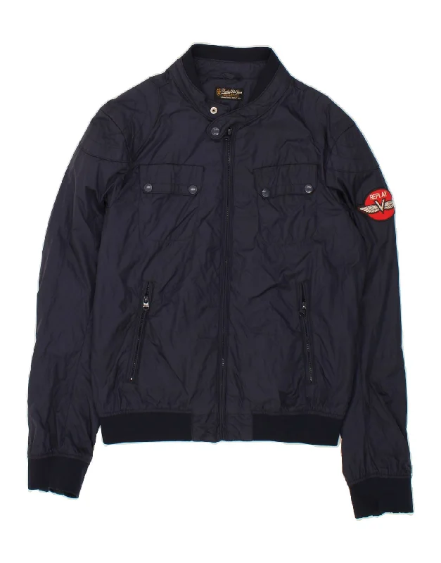 Versatile Men's Pea CoatsREPLAY Mens Bomber Jacket UK 40 Large Navy Blue Polyamide