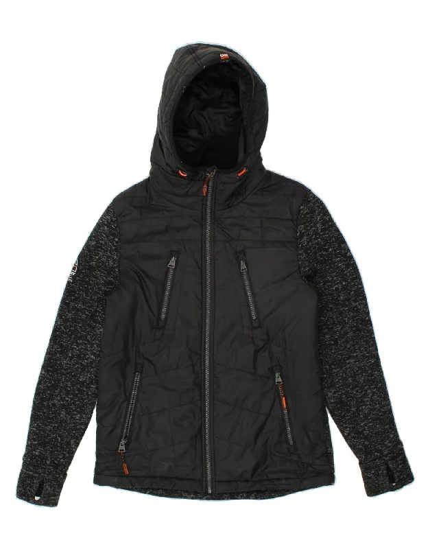 Men's Coats with Convertible CollarsSUPERDRY Mens Hooded Bomber Jacket UK 38 Medium Black Flecked Polyester