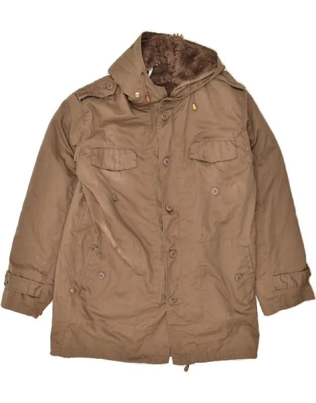 Men's Coats with Velcro ClosuresVINTAGE Mens Hooded Military Jacket UK 38 Medium Brown Polyester Men's Coats with Velcro ClosuresVINTAGE Mens Hooded Military Jacket UK 38 Medium Brown Polyester