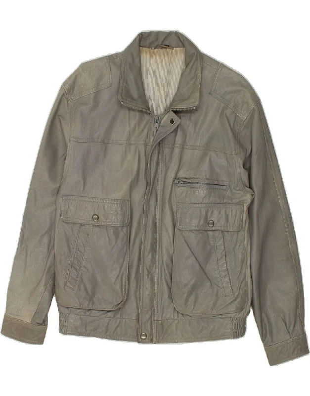 Men's Coats with HoodsVINTAGE Mens Leather Jacket IT 46 Small Grey Leather